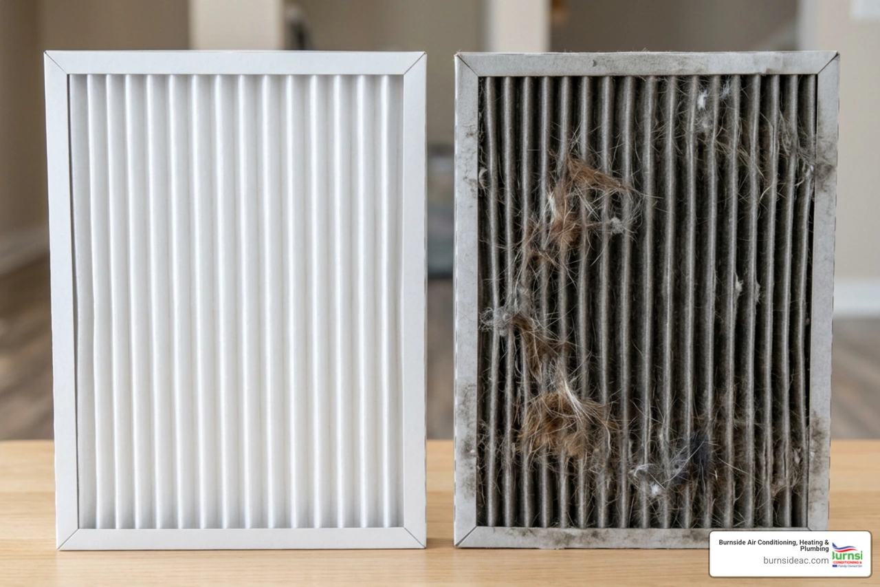 Side-by-side comparison of a clean white pleated air filter and a dirty gray filter covered in pet hair