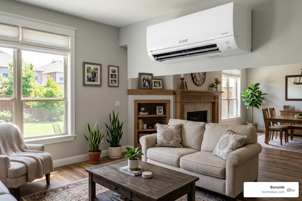 modern ductless air handler mounted high on a living room wall in a McKinney home - adding cooling without ductwork options