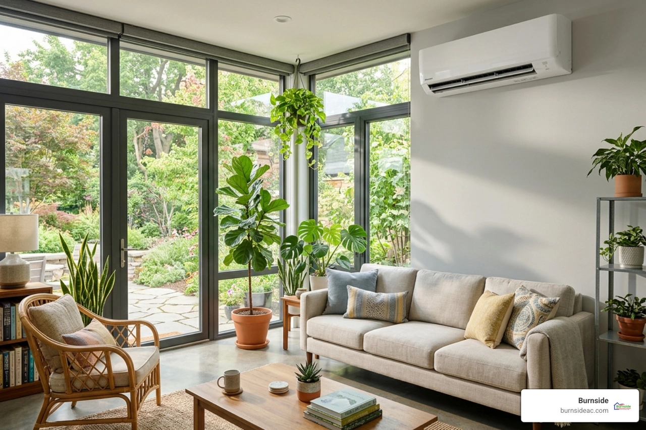 A bright sunroom conditioned with a high-wall ductless unit A bright sunroom conditioned with a high-wall ductless unit