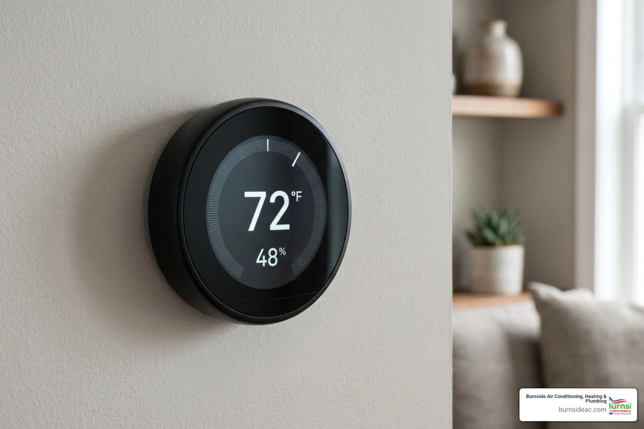 modern smart thermostat interface displaying indoor humidity and temperature controls