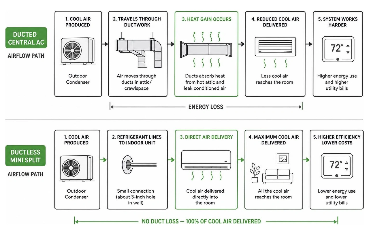 Cause and effect of duct heat gain vs direct ductless air delivery Cause and effect of duct heat gain vs direct ductless air delivery