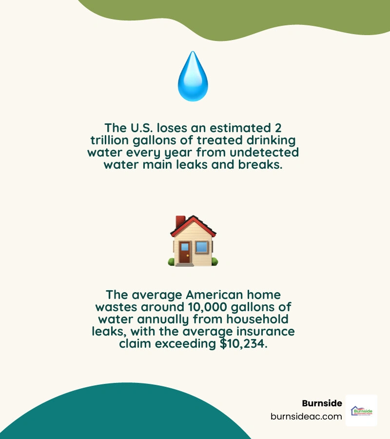 Infographic showing the impact of undetected water leaks: 2 trillion gallons lost nationally, 10000 gallons wasted per home Infographic showing the impact of undetected water leaks: 2 trillion gallons lost nationally, 10000 gallons wasted per home