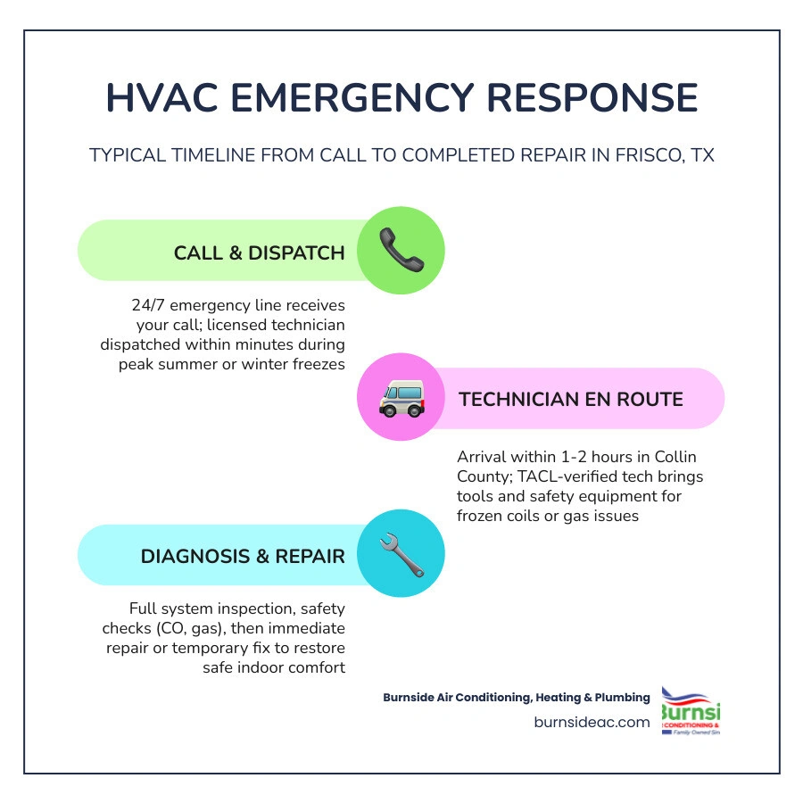 Infographic showing HVAC emergency response timeline: call placed, dispatch confirmed, technician en route, diagnosis Infographic showing HVAC emergency response timeline: call placed, dispatch confirmed, technician en route, diagnosis