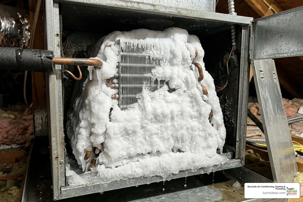 frozen AC evaporator coil showing heavy ice buildup on a hot Frisco afternoon frozen AC evaporator coil showing heavy ice buildup on a hot Frisco afternoon