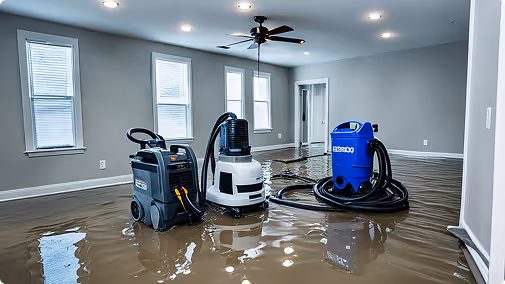 Flooded room with three industrial water extraction machines on shiny wet floor under ceiling fan.