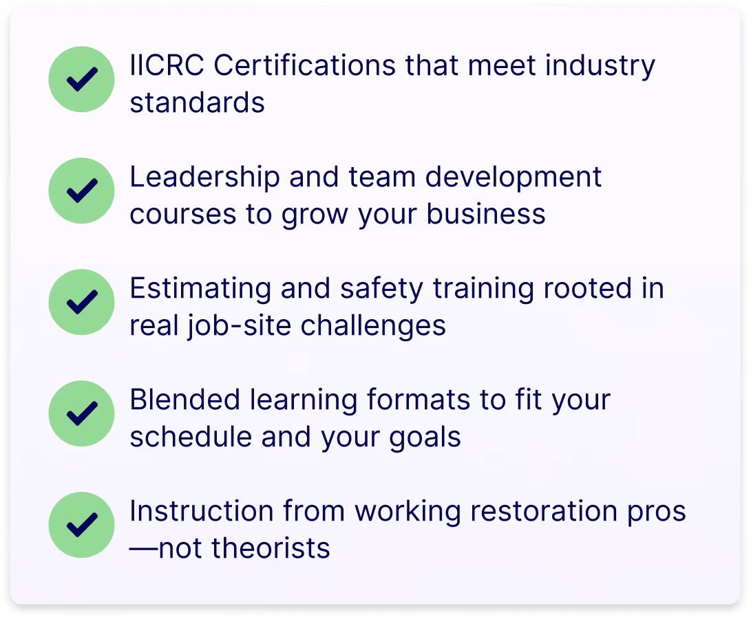 Checklist with five points about IICRC certifications, leadership, safety training, blended learning, and expert instruction.