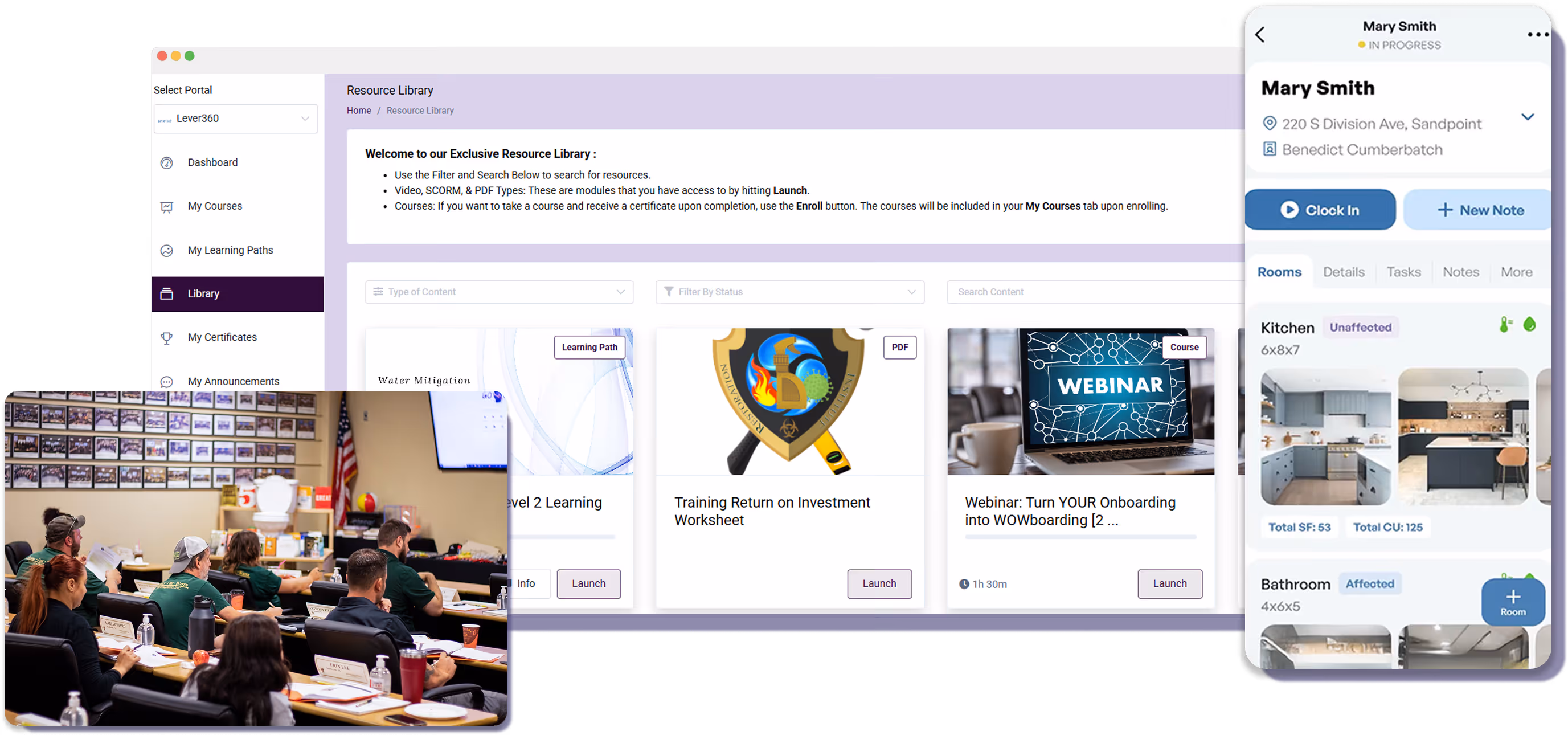 Composite image showing a resource library webpage with course options, a smartphone app interface displaying room details for Mary Smith, and a classroom of adults attentively listening to a lecture.
