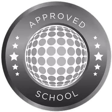 Round silver emblem with text 'Approved School' surrounding a dotted globe and stars.
