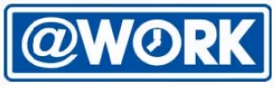 Blue rectangular sign with white text '@WORK' and a clock icon inside the letter O.