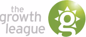Logo showing the words 'the growth league' with a green circle featuring a white lowercase g and sun rays.