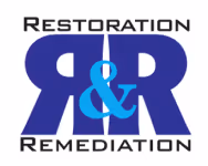 Logo with large blue double R letters, ampersand symbol, and text Restoration Remediation.