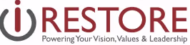 Restore logo with power symbol and tagline powering your vision, values, and leadership.