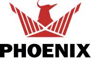 Red stylized bird with spread wings and a pointed crest facing right.