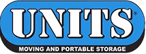 Units moving and portable storage logo with blue background and white text.