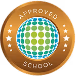 Gold circular badge with green and blue dots globe and text Approved School with stars.
