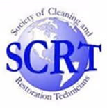 Logo with globe and text Society of Cleaning and Restoration Technicians SCRT in blue letters.