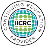 Circle with blue and green hexagons and text 'ICRC' in center, surrounded by black ring with 'CONTINUING EDUCATION PROVIDER'