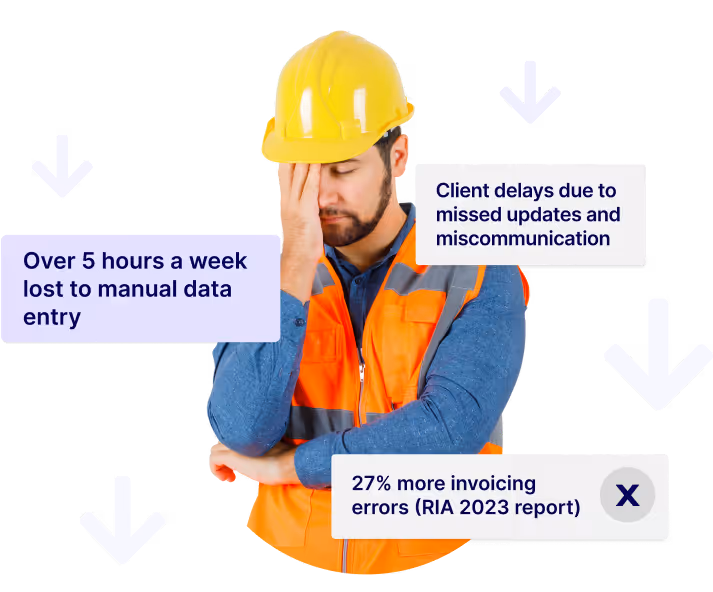 Frustrated construction worker in a yellow helmet and orange vest with text about data entry and invoicing errors.