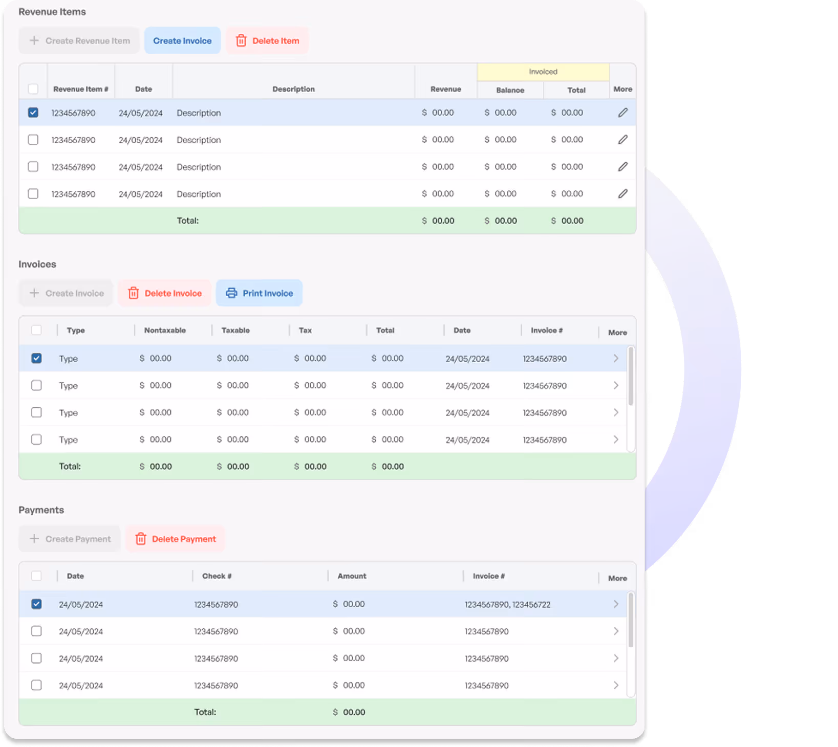 User interface showing tables for revenue items, invoices, and payments with create, delete, and print options.