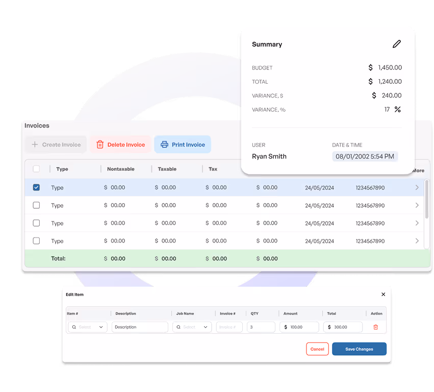 Invoice management interface with summary, invoice list, item editing, and options to create or print invoices.