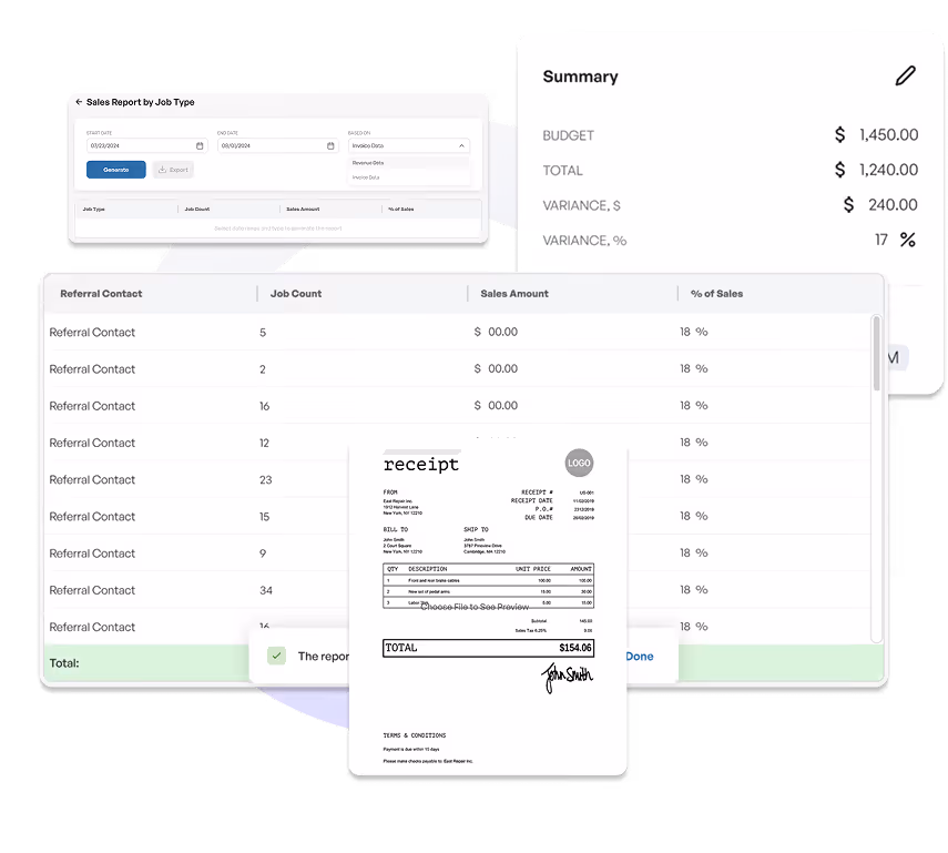 Dashboard showing sales report by job type, summary of budget and variance, and a sample receipt.