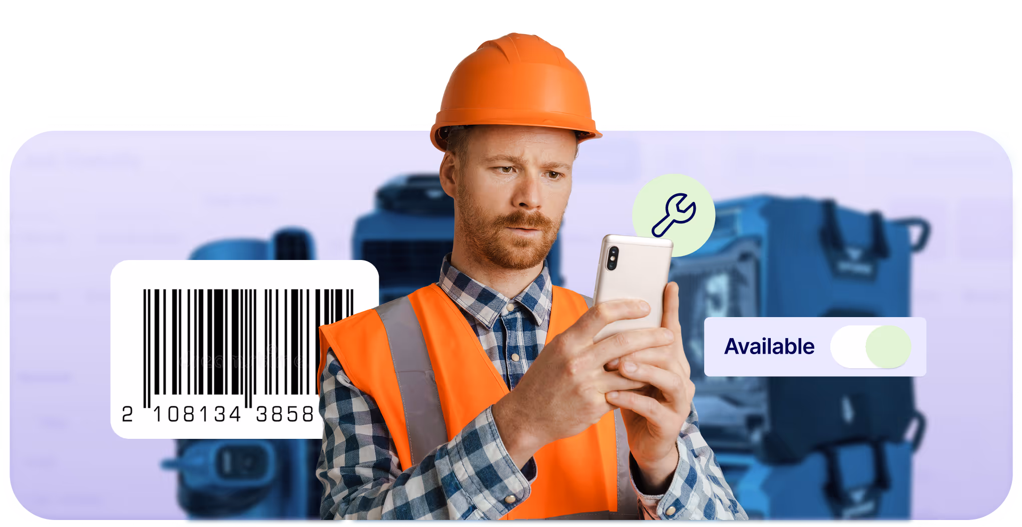 Man in orange safety vest and hard hat using smartphone with barcode and available toggle icons nearby.