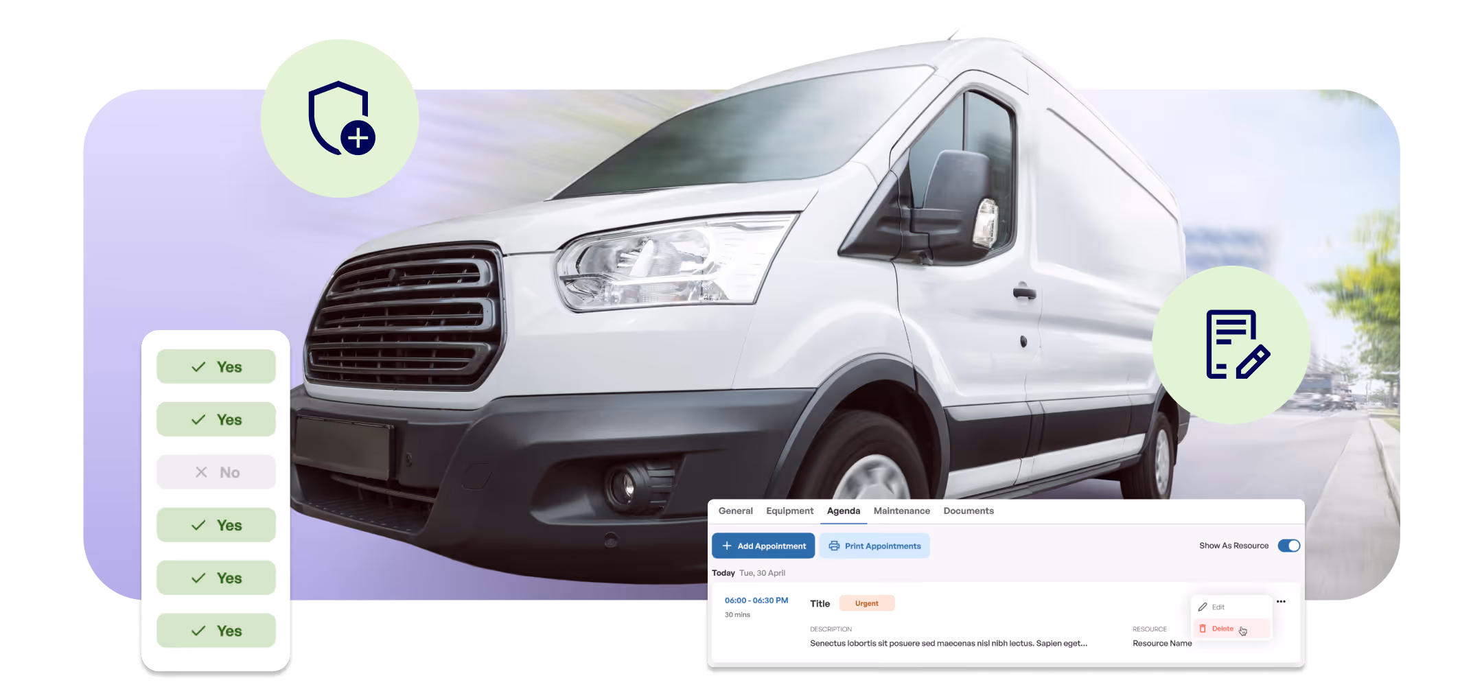 Front-side view of a white delivery van with checklist and appointment scheduling icons.