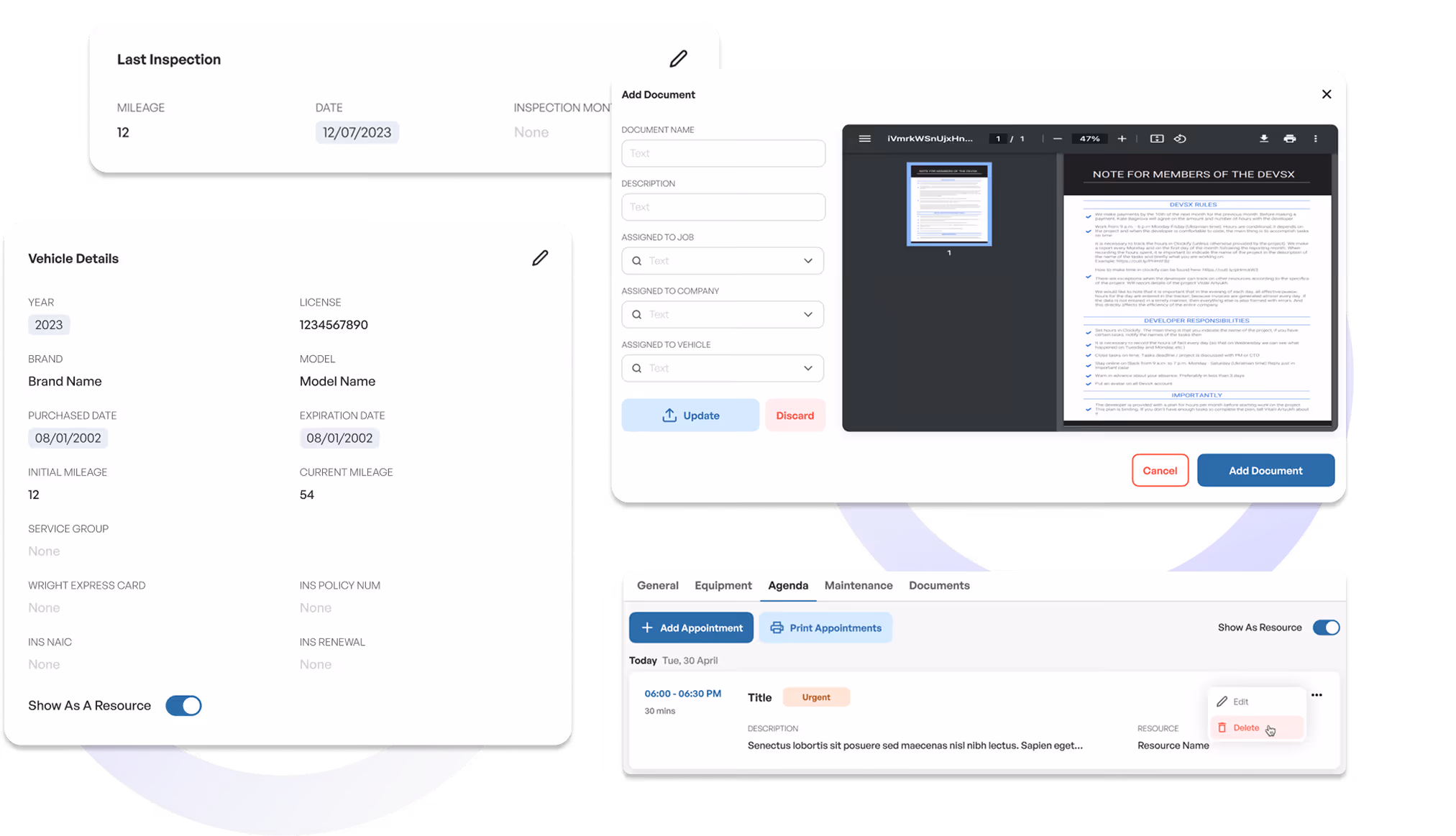 Vehicle details, last inspection info, document upload modal, and appointment schedule interface on screen.