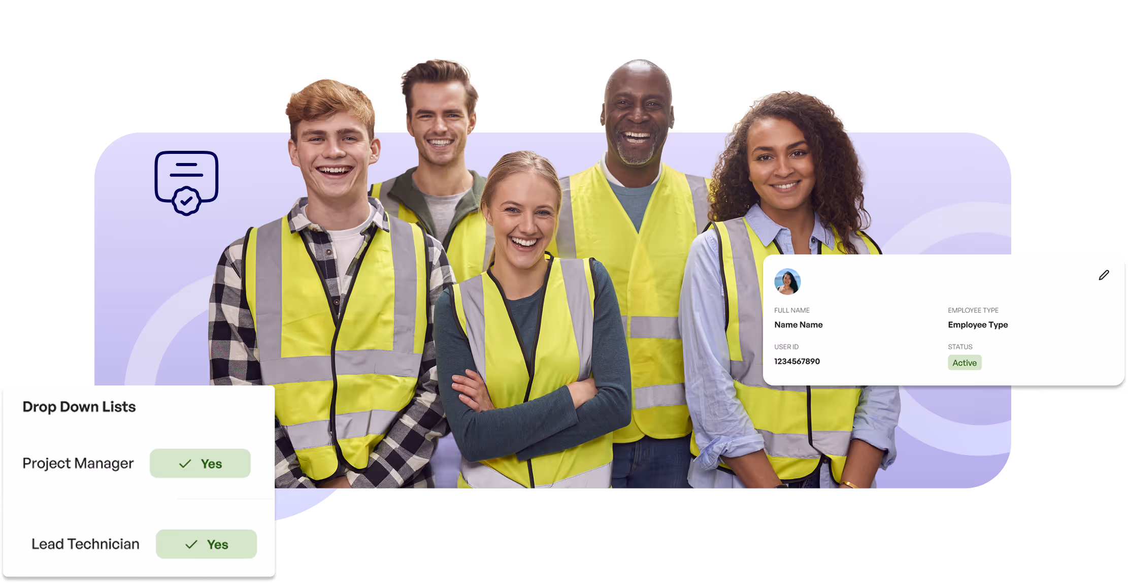 Five smiling workers wearing yellow safety vests, with overlays of dropdown lists and employee status info.