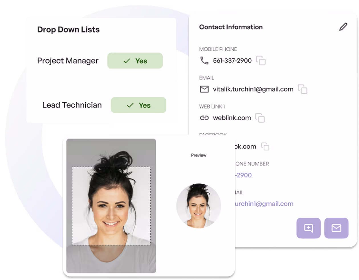 User interface showing a photo crop tool, roles confirmed as Project Manager and Lead Technician, and contact info.