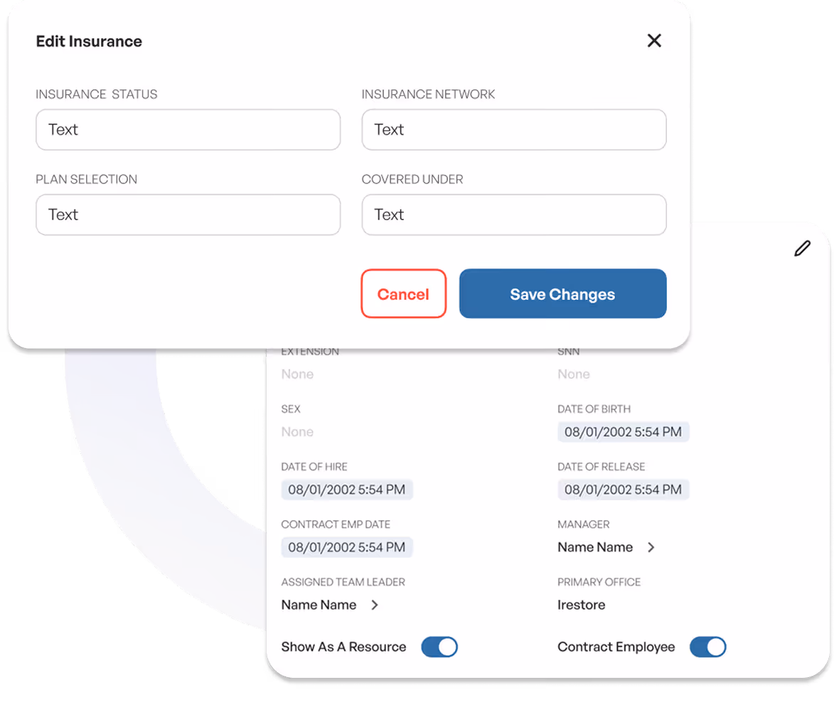 Edit Insurance form with fields for status, network, plan, coverage, and buttons to cancel or save changes.