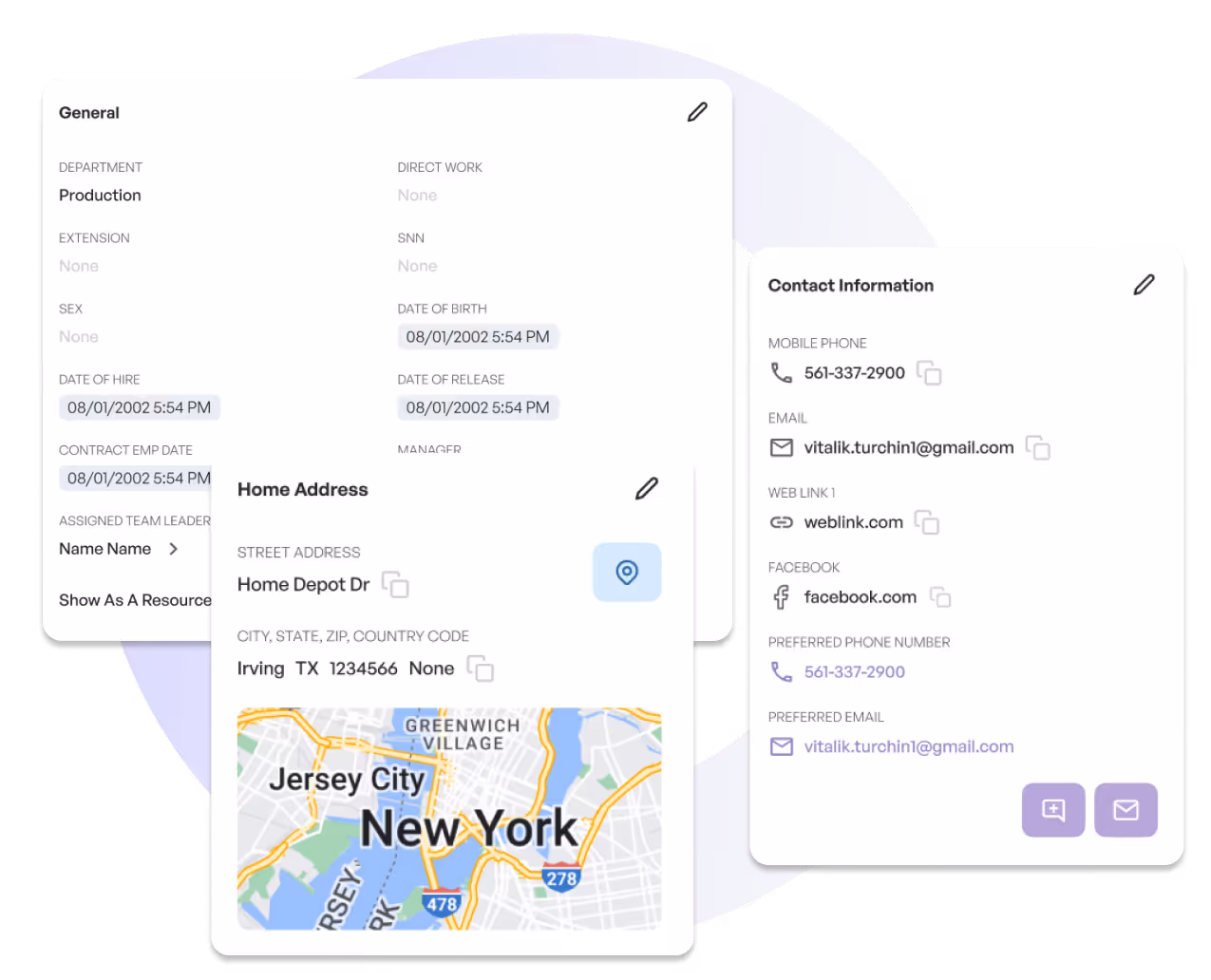 User interface showing general info, home address with New York map, and contact information panels.
