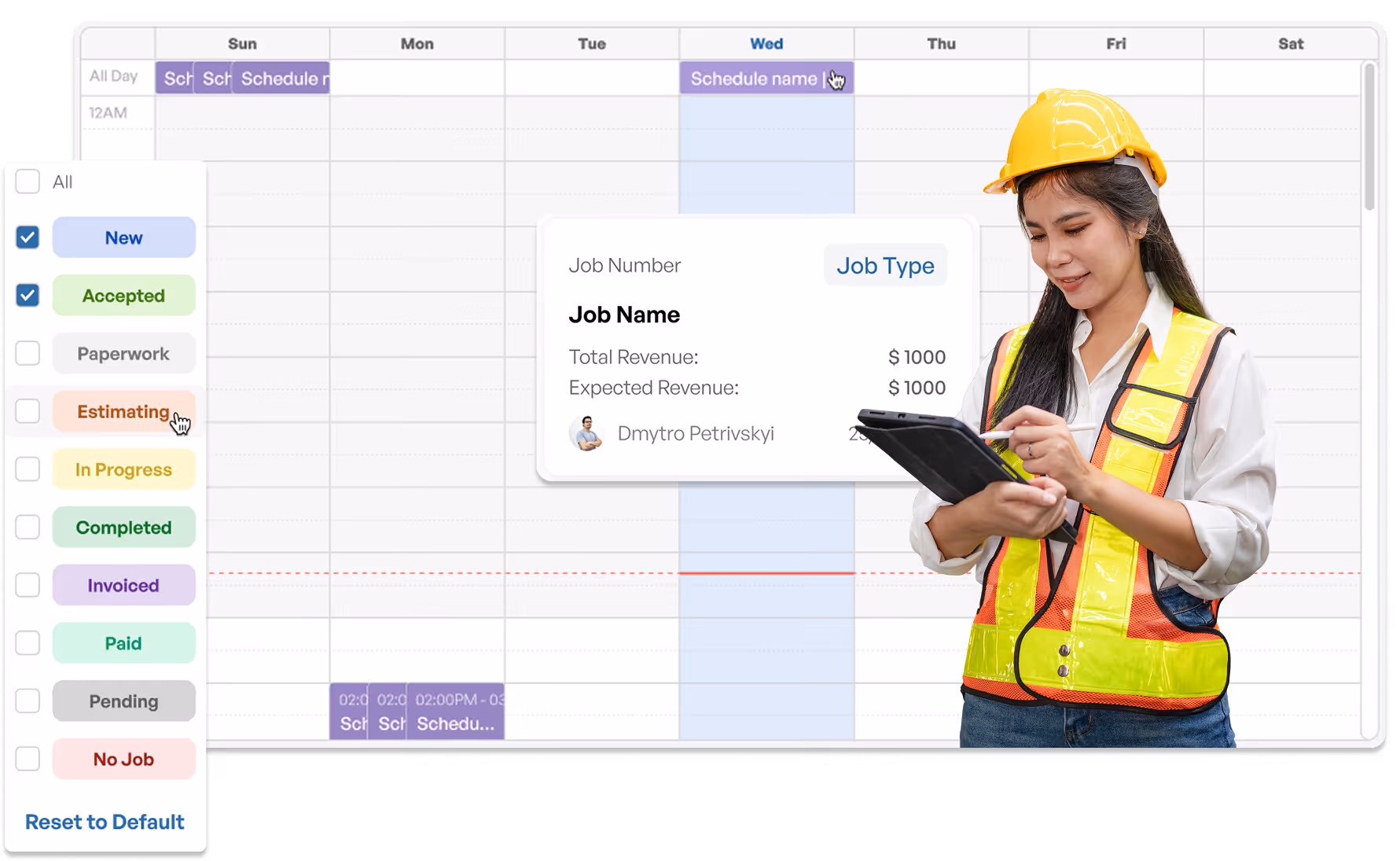 Construction worker in a yellow hard hat and reflective vest using a tablet in front of a job scheduling calendar interface showing job statuses and details.