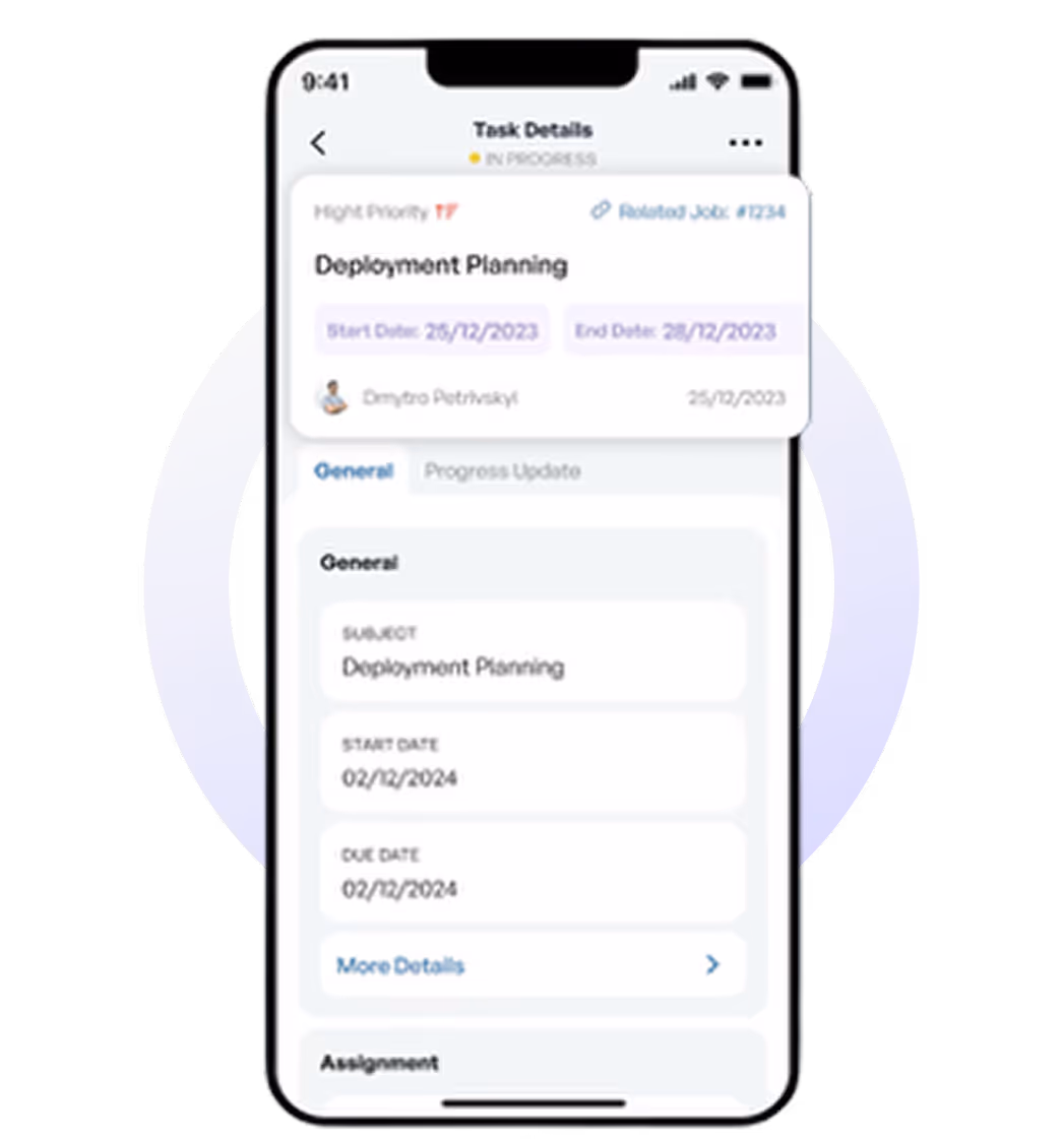 Smartphone screen showing a task details app page for Deployment Planning with high priority, start and end dates, and task assignment information.