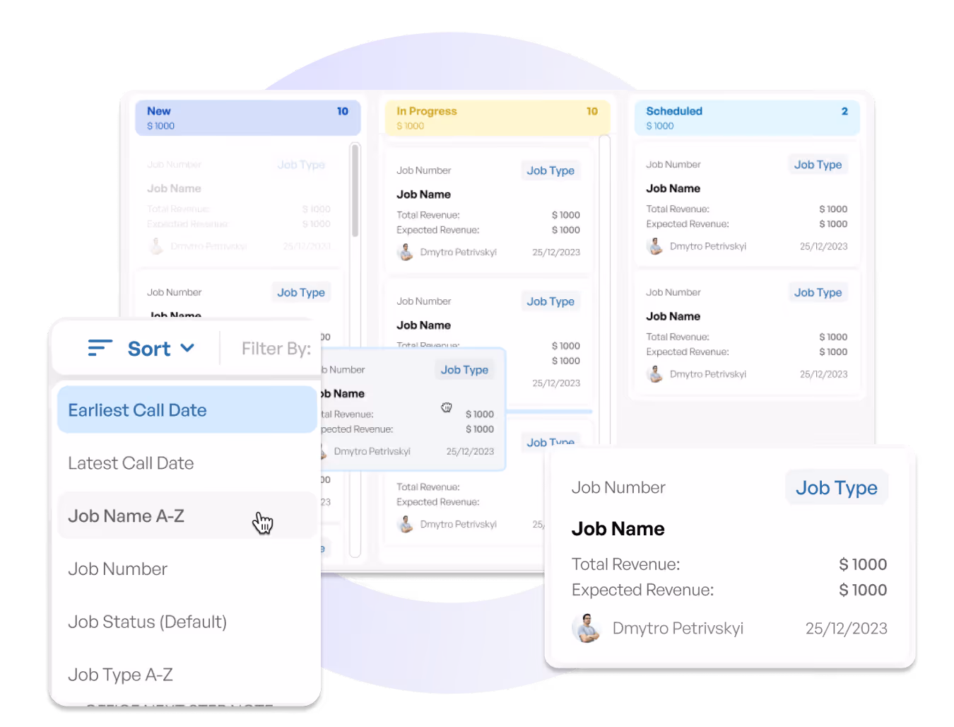 User interface showing job status columns labeled New, In Progress, and Scheduled with job details and a sorting filter menu open highlighting 'Earliest Call Date' and 'Job Name A-Z' options.