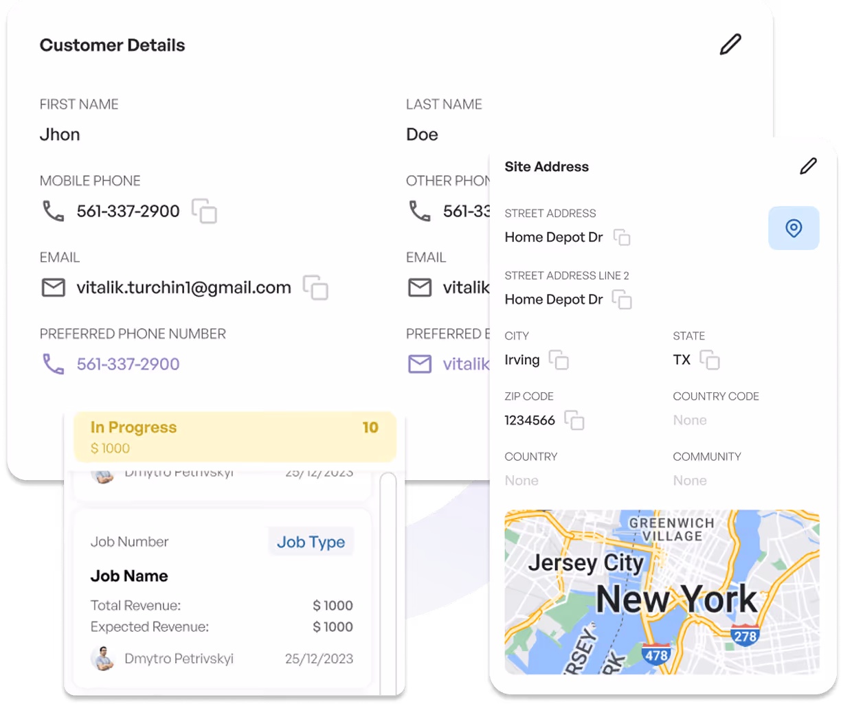 Customer details form showing first and last name, phone numbers, emails, site address with street, city Irving TX and ZIP code 1234566, and a map highlighting New York and Jersey City.