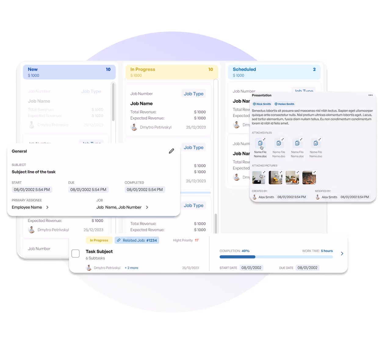 User interface showing a project management dashboard with task statuses New, In Progress, and Scheduled, including job details, task subject, progress bar at 40%, work time of 5 hours, and attached files and pictures in a presentation view.