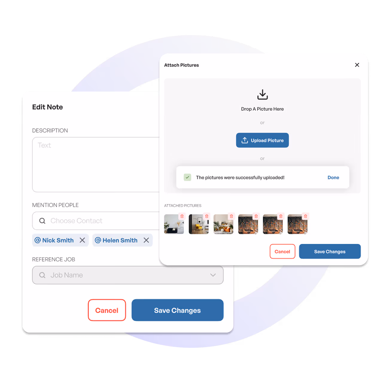 User interface for editing a note with fields for description, mention people with contacts Nick Smith and Helen Smith, and reference job, alongside a pop-up window to attach pictures showing thumbnails of uploaded photos and options to cancel or save changes.