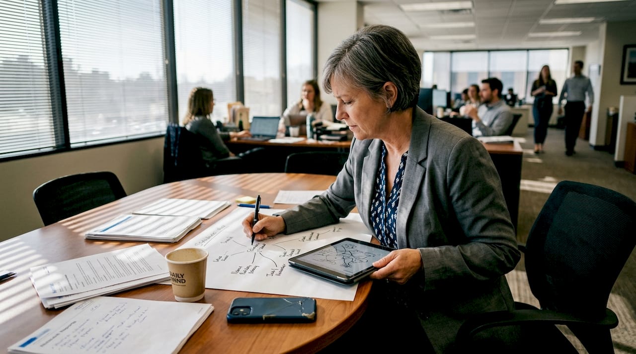 Sales manager mapping stakeholders at office table