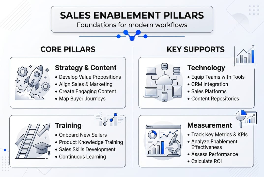 Infographic showing sales enablement workflow pillars