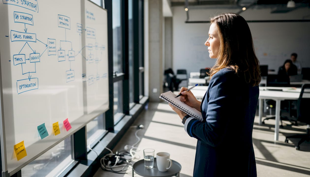 Sales manager reviewing process by whiteboard