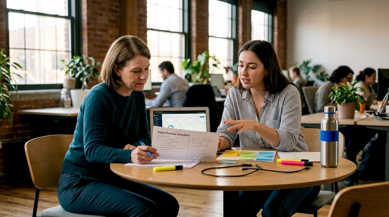 Colleagues aligning sales process in workspace