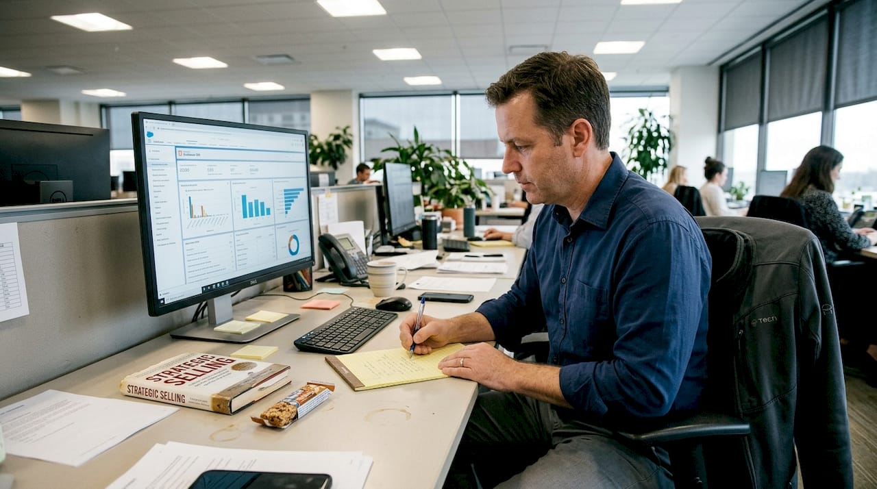 Account executive reviewing CRM dashboard at desk