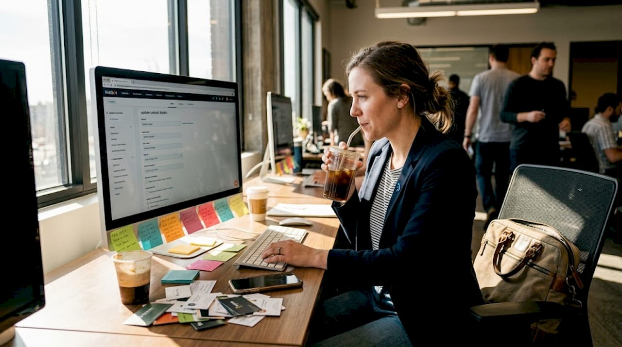Sales rep updating CRM at busy desk