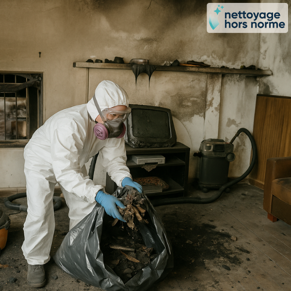 Nettoyage par un technicien d'une maison incendiée.
