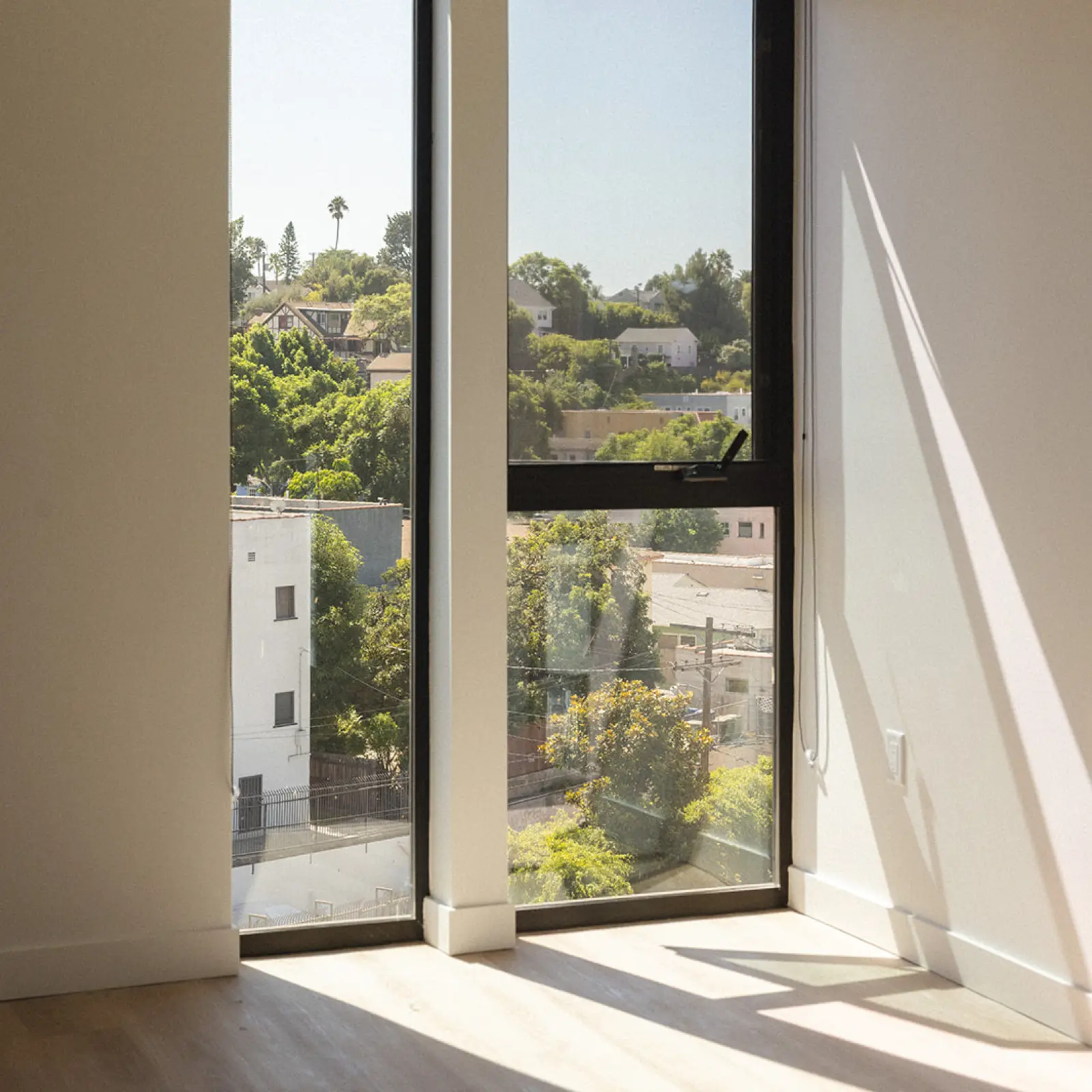 Sunlight streaming through a large window into an empty room with light wooden floors and white walls.
