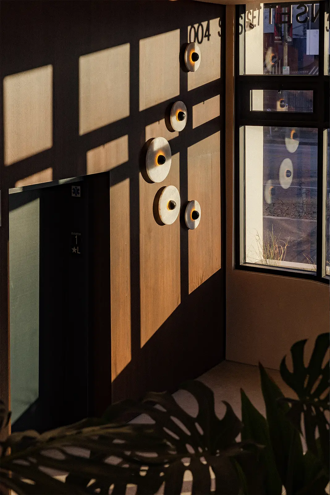 Sunlight casting windowpane shadows and circular wall sconces on a wooden interior wall next to a window and elevator door with leafy plant silhouette in foreground.