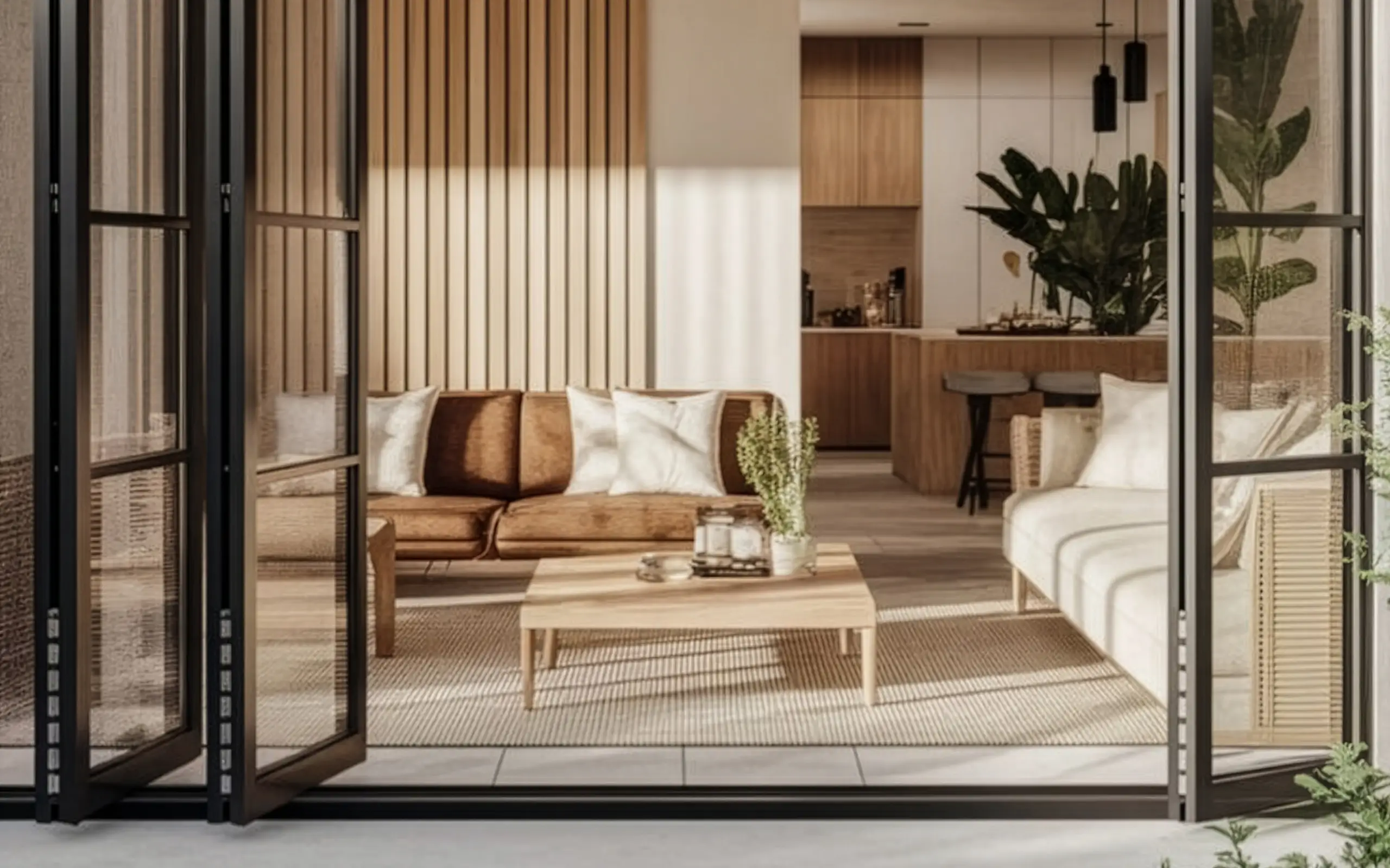 Modern living room with glass folding doors, brown and white sofas, wooden coffee table, and an open kitchen in the background.