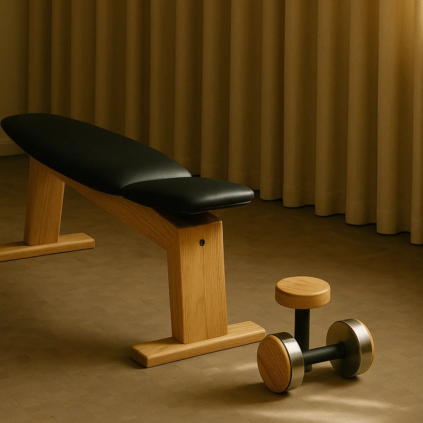 Wood-framed workout bench with black cushioned seat next to a wooden and metal dumbbell on brown flooring in front of beige curtains.