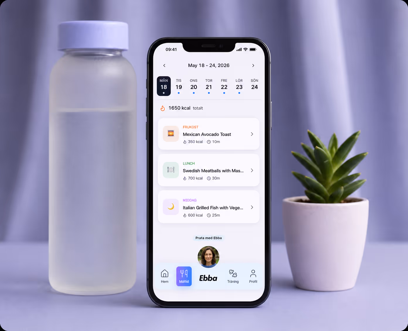 Ebba-appen visar veckans måltidsplan med kalorier och recept på iPhone